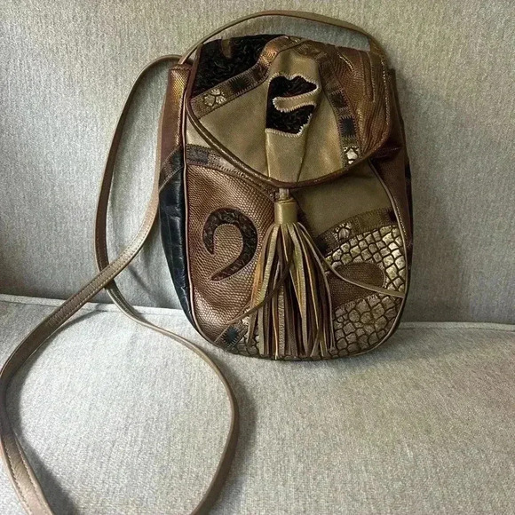 Vtg Sharif 80s Snake Lizard Leather Patchwork Shoulder Bag Tassel - Picture 1 of 8
